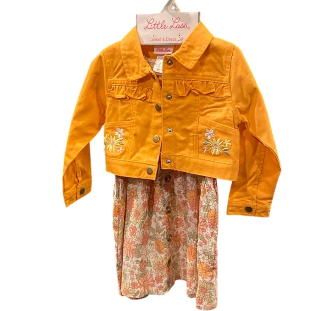 Little Lass Orange embroidered Jean Jacket with floral dress